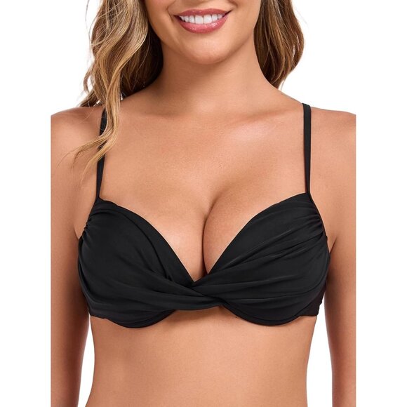 Women's Black Push Up Bikini Tops Ruched Twist Front Underwear Top Swimsuit - Picture 9 of 9